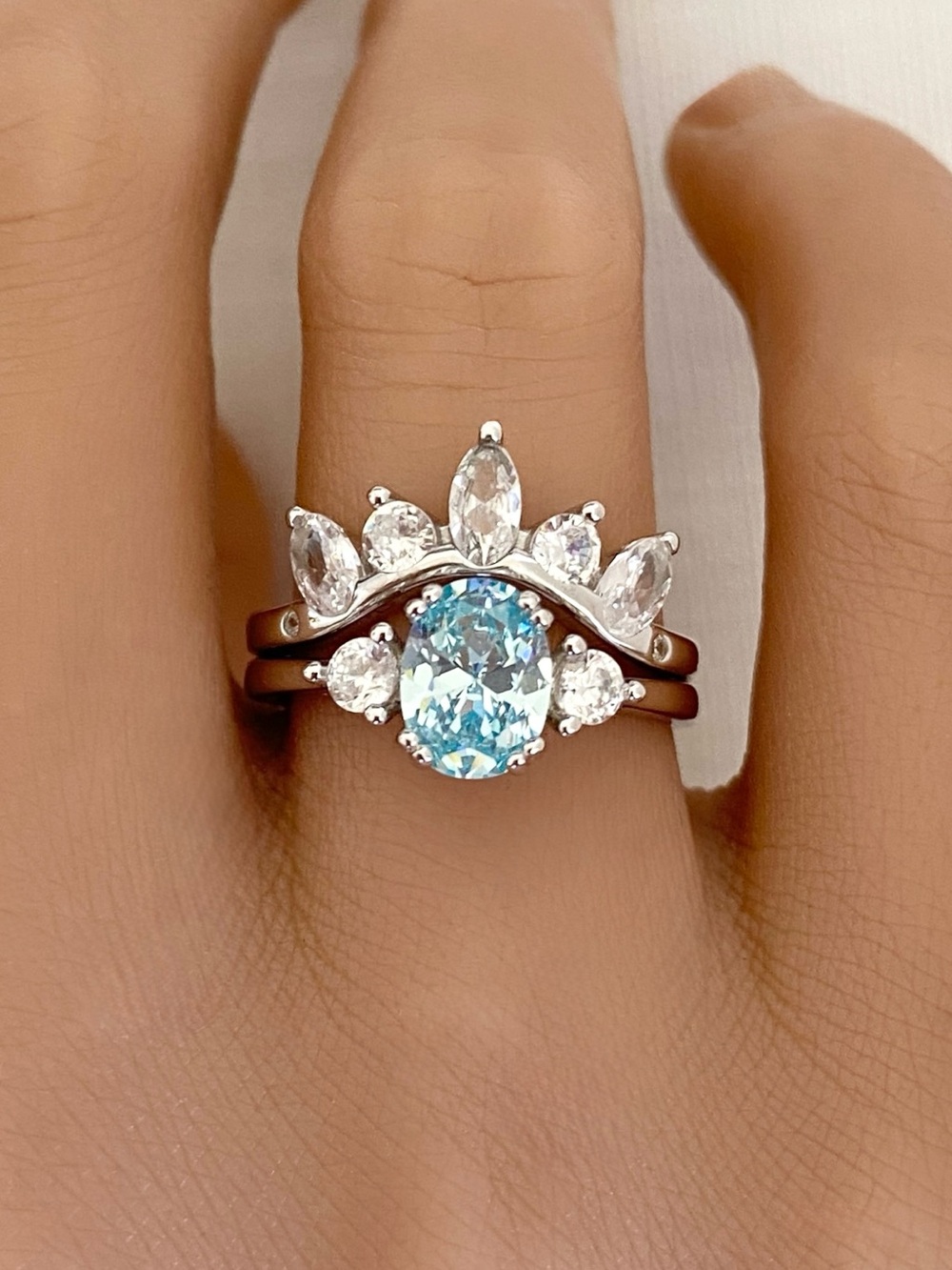 Sterling Silver Oval Blue Topaz CZ 2pc Stackable Women’s Curved Band Ring Set